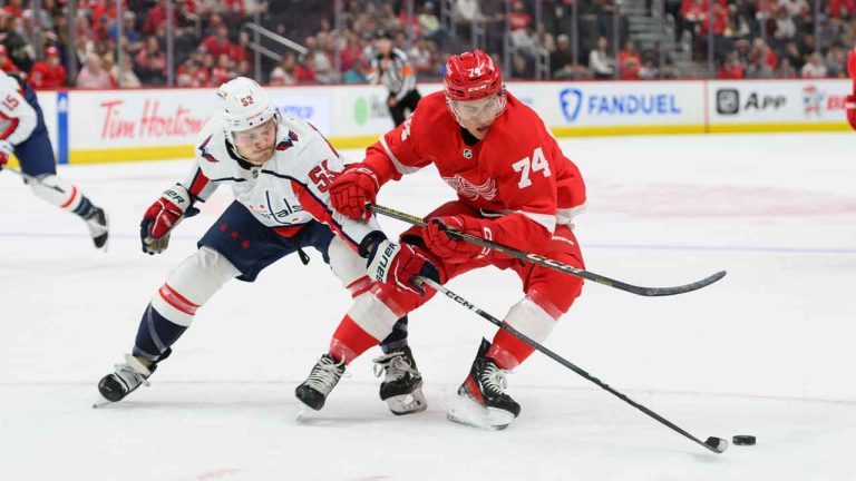 Detroit Red Wings right wing Cross Hanas keeps the puck away from Washington Capitals center Ethen Frank during the first period of a preseason NHL hockey game. (David Guralnick/AP)