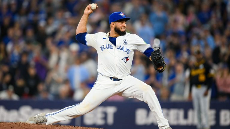 Toronto Blue Jays pitcher Yimi Garcia (93) throws the ball during ninth inning MLB interleague action against the Pittsburgh Pirates.(Christopher Katsarov/CP)