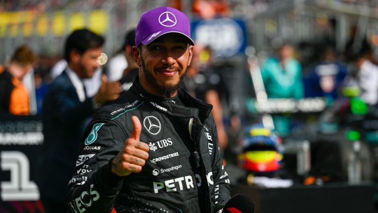 Mercedes driver Lewis Hamilton of Britain celebrates his third place at the Hungarian Formula One Grand Prix race at the Hungaroring racetrack in Mogyorod, Hungary, Sunday, July 21, 2024. (Denes Erdos/AP)