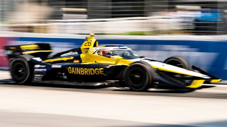 Driver Colton Herta (26) of United States leads the second practice session with the fastest lap time, during the 2024 Ontario Dealers Honda Indy in Toronto on Saturday, July 20, 2024. (Arlyn McAdorey/CP)