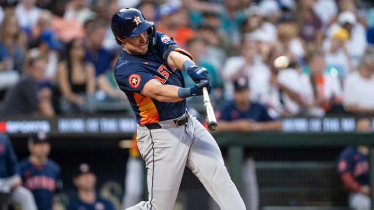 Houston Astros' Jake Meyers hits a two-run home run during the seventh inning of a baseball game against the Seattle Mariners, Saturday, July 20, 2024, in Seattle. (Stephen Brashear/AP)