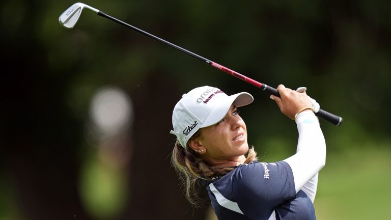 Stephanie Kyriacou, of Australia, plays on the 14th hole during the third round of the Evian Championship women's golf tournament, in Evian, eastern France, Saturday, July 13, 2024. (Laurent Cipriani/AP)