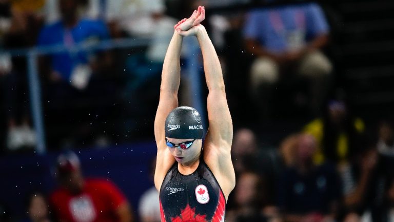 Maggie Mac Neil of Canada prepares for a women's 100m Butterfly heat at the 2024 Summer Olympics, Saturday, July 27, 2024, in Nanterre, France. (Petr David Josek/AP Photo)