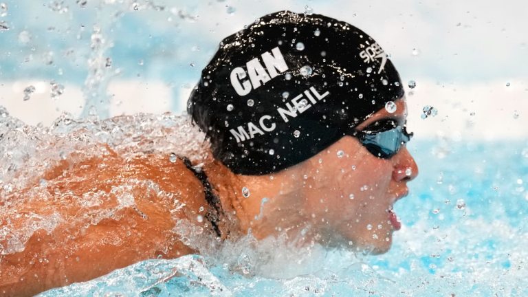 Maggie Mac Neil of Canada prepares for a women's 100m Butterfly heat at the 2024 Summer Olympics, Saturday, July 27, 2024, in Nanterre, France. (Petr David Josek/AP Photo)