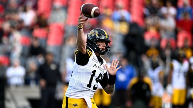 Hamilton Tiger-Cats quarterback Bo Levi Mitchell (19) throws the ball during first half CFL football action against the Ottawa Redblacks in Ottawa on Sunday, June 30, 2024. (Justin Tang/CP)