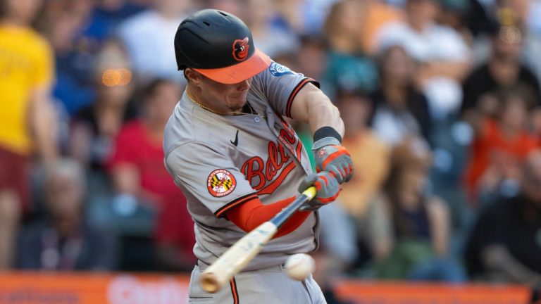 Baltimore Orioles' Ryan Mountcastle hits a RBI-single during the third inning of a baseball game against the Seattle Mariners, Wednesday, July 3, 2024, in Seattle. (Stephen Brashear/AP)