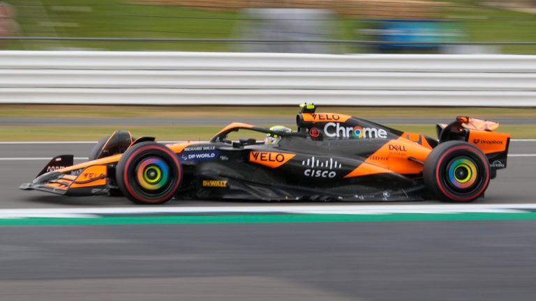 McLaren driver Lando Norris of Britain steers his car during the first free practice at the Silverstone racetrack, Silverstone, England, Friday, July 5, 2024. The British Formula One Grand Prix will be held on Sunday. (Luca Bruno/AP)