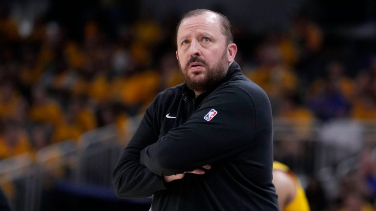 New York Knicks head coach Tom Thibodeau watches from the bench during the first half of Game 3 against the Indiana Pacers in an NBA basketball second-round playoff series, Friday, May 10, 2024, in Indianapolis. (Michael Conroy/AP)