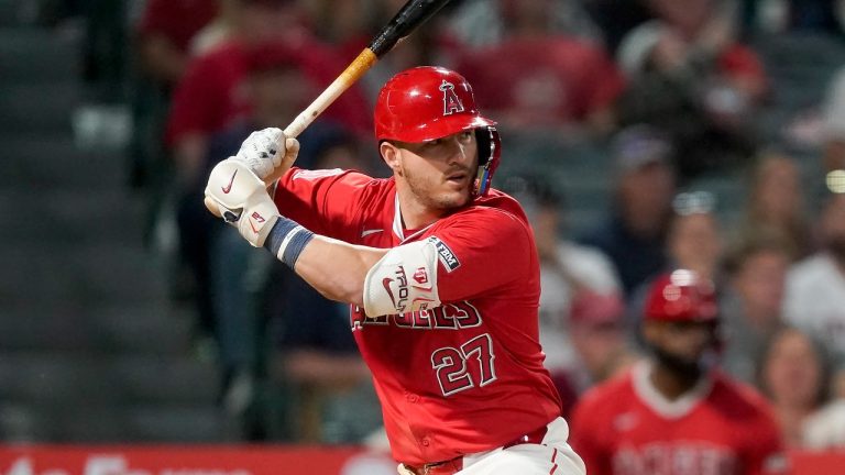 Los Angeles Angels' Mike Trout prepares for an at bat during the seventh inning of a baseball game against the Philadelphia Phillies, Monday, April 29, 2024, in Anaheim, Calif. (Ryan Sun/AP)