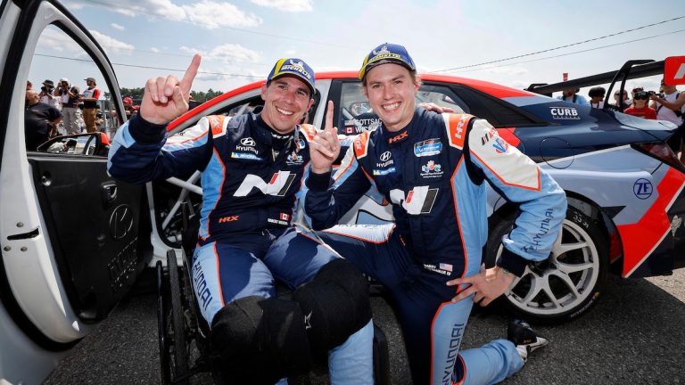 Robert Wickens (left) and Harry Gottsacker (right) celebrate after their win at Canadian Tire Motorsport Park in Bowmanville, Ont., in the Michelin Pilot Challenge Series on Saturday, July 13, 2024. (Photo Credit: Hyundai Motor North America)