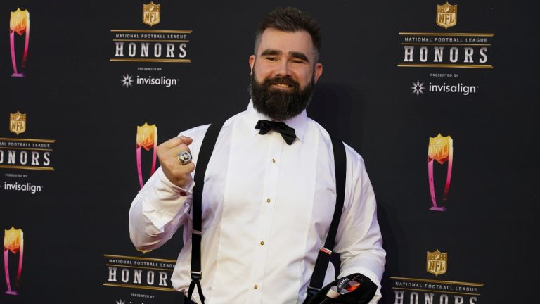 FILE - Philadelphia Eagles Jason Kelce arrives for the NFL Honors show, Feb. 10, 2022, in Inglewood, Calif.(Marcio Jose Sanchez/AP)