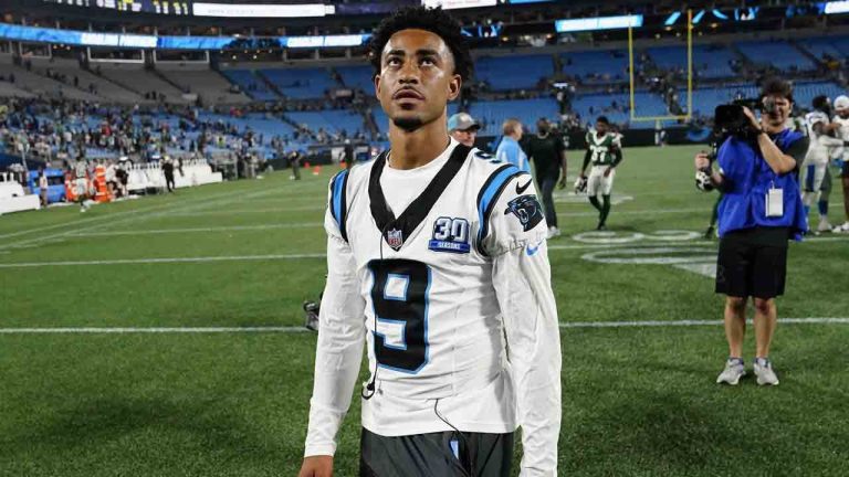 Carolina Panthers quarterback Bryce Young (9) walks off the field after a pre-season NFL football game against the New York Jets, Saturday, Aug. 17, 2024, in Charlotte, N.C. (Jacob Kupferman/AP)