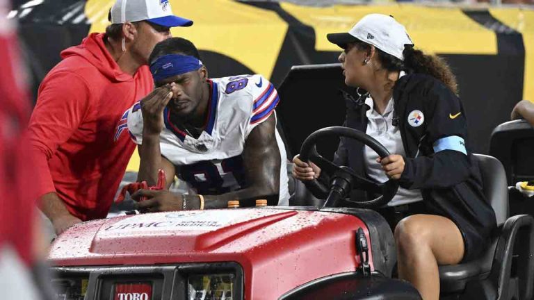 Buffalo Bills wide receiver Marquez Valdes-Scantling (81) is driven off the field during the second half of an NFL preseason football game against the Pittsburgh Steelers, Saturday, Aug. 17, 2024, in Pittsburgh. (David Dermer/AP)