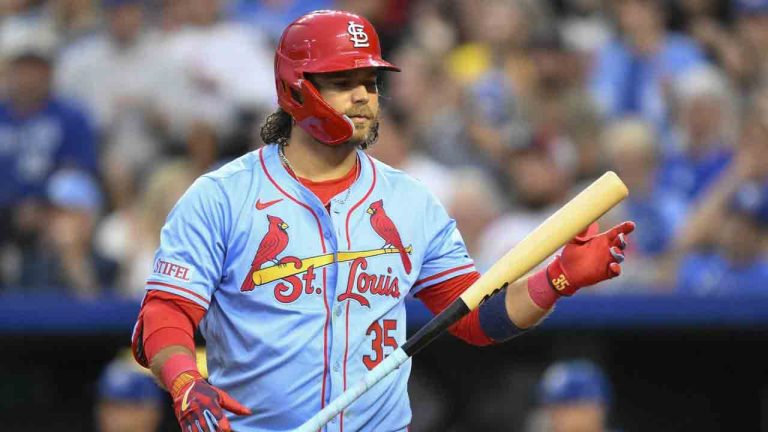 St. Louis Cardinals' Brandon Crawford tosses his bat after striking out against the Kansas City Royals during the seventh inning of a baseball game, Saturday, Aug. 10, 2024, in Kansas City, Mo. (Reed Hoffmann/AP)
