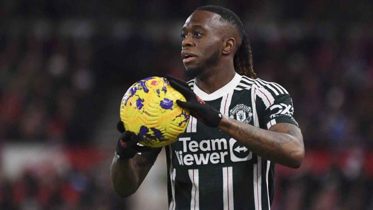 Manchester United's Aaron Wan-Bissaka holds the ball during the English Premier League soccer match between Nottingham Forest and Manchester United at City Ground in Nottingham. (Rui Vieira/AP)