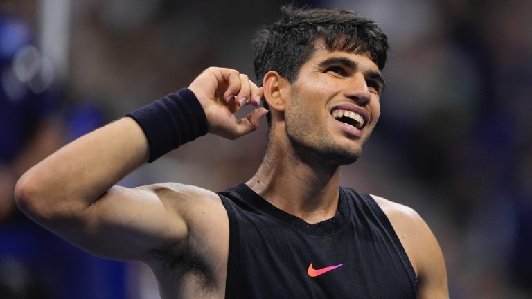 Carlos Alcaraz, of Spain, reacts during a match against Li Tu, of Australia, during the first round of the US Open tennis championships, Tuesday, Aug. 27, 2024, in New York. (Matt Rourke/AP)