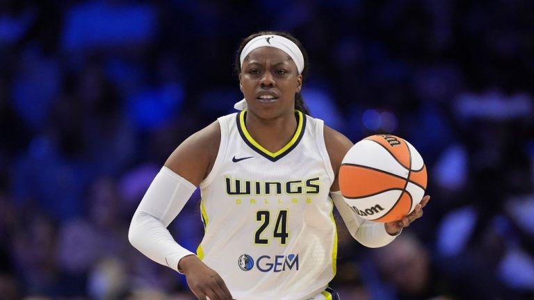 Dallas Wings guard Arike Ogunbowale works against the Indiana Fever in a WNBA basketball game, Wednesday, July 17, 2024, in Arlington, Texas. (Tony Gutierrez/AP Photo)