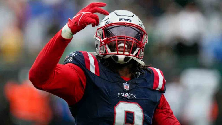 New England Patriots linebacker Matthew Judon (9) reacts after sacking New York Jets quarterback Zach Wilson (2) in the end zone for a safety during the fourth quarter of an NFL football game, Sunday, Sept. 24, 2023, in East Rutherford, N.J. (Seth Wenig/AP)