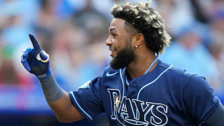 Tampa Bay Rays shortstop Junior Caminero (1) rounds the bases after hitting his first career home run during fifth inning American League MLB baseball action against the Toronto Blue Jays in Toronto, Sunday, Oct. 1 2023. (Frank Gunn/CP)