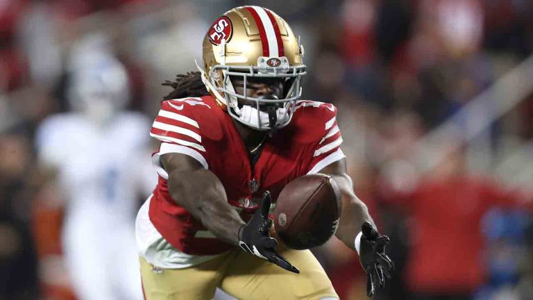 San Francisco 49ers wide receiver Brandon Aiyuk catches a pass against the Detroit Lions during the second half of the NFC Championship NFL football game in Santa Clara, Calif., Sunday, Jan. 28, 2024. (Jed Jacobsohn/AP)