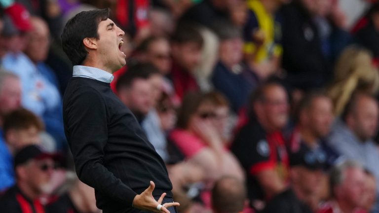 Bournemouth head coach Andoni Iraola reacts during the English Premier League soccer match between AFC Bournemouth and Newcastle United , at the Vitality Stadium in Bournemouth , Sunday, Aug. 25, 2024. (Dave Shopland/AP)