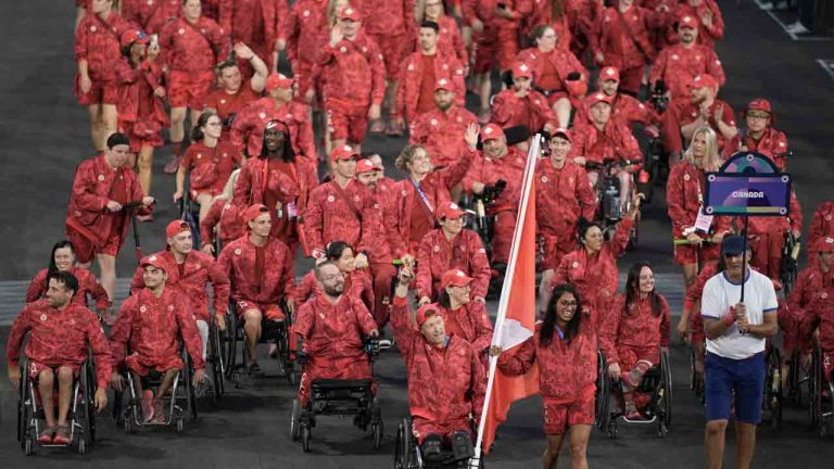 Canada athletes parade during the Opening Ceremony for the 2024 Paralympics, Wednesday, Aug. 28, 2024, in Paris, France. (Emilio Morenatti/AP)