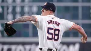 Houston Astros starting pitcher Hunter Brown throws against the Pittsburgh Pirates during the first inning of a baseball game, Tuesday, July 30, 2024, in Houston. (AP/Michael Wyke)