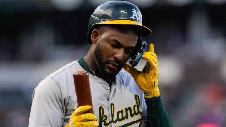 Oakland Athletics' Miguel Andujar walks to the dugout after striking out against the San Francisco Giants during the third inning of a baseball game Wednesday, July 31, 2024, in San Francisco. (Godofredo A. Vásquez/AP)