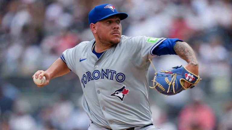 Toronto Blue Jays pitcher Yariel Rodríguez throws during the second inning of a baseball game against the New York Yankees at Yankee Stadium, Sunday, Aug. 4, 2024, in New York. (Seth Wenig/AP)