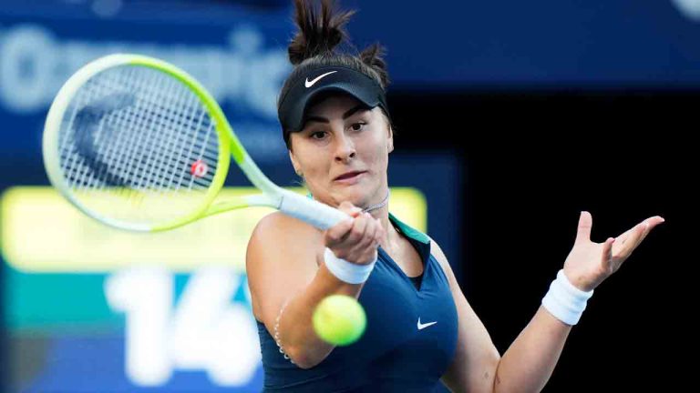 Bianca Andreescu of Canada hits a return to Lesia Tsurenko of Ukraine at the National Bank Open in Toronto on Tuesday, August 6, 2024. (Frank Gunn/CP)