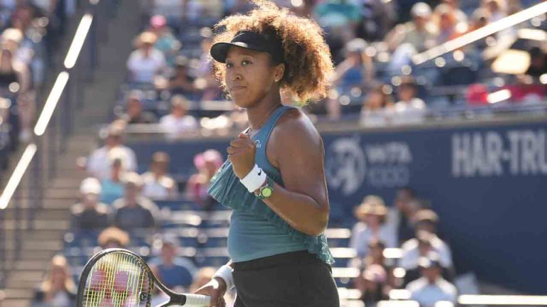 Japan's Naomi Osaka celebrates a point during her win over Tunisia's Ons Jabeur at the National Bank Open in Toronto on Wednesday August 7, 2024. (Chris Young/CP)