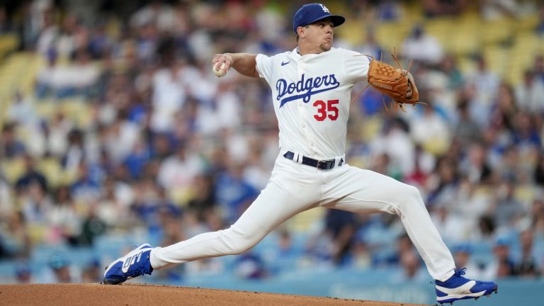 Los Angeles Dodgers starting pitcher Gavin Stone throws during the first inning of a baseball game against Philadelphia Phillies in Los Angeles, Wednesday, Aug. 7, 2024. (AP Photo/Eric Thayer)
