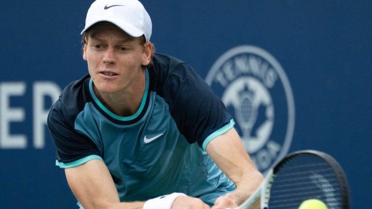 Italy's Jannik Sinner returns a shot to Croatia's Borna Coric during their second round match at the National Bank Open tennis Thursday, August 8, 2024 in Montreal. Sinner won the match in straight sets. (Ryan Remiorz/CP)