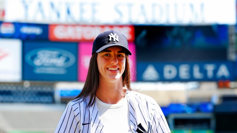 WNBA basketball player Caitlin Clark is photographed before a baseball double header game between the New York Yankees and the Texas Rangers, Saturday, Aug. 10, 2024 in New York. (Noah K. Murray/AP)