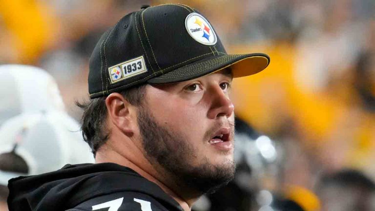 Pittsburgh Steelers guard Nate Herbig (71) stands on the sidelines during the first half of an NFL exhibition football game against the Houston Texans, Friday, Aug. 9, 2024, in Pittsburgh. The Texans won 20-12. (Gene J. Puskar/AP)