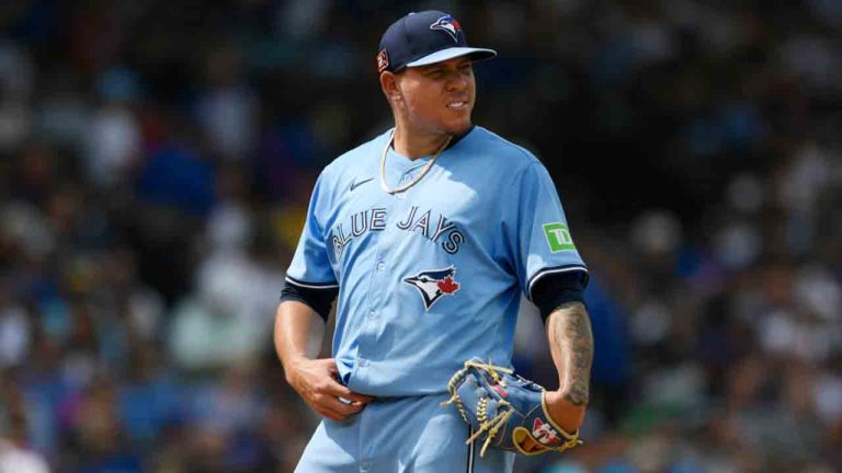 Toronto Blue Jays starting pitcher Yariel Rodriguez reacts after giving up a solo home run to Chicago Cubs' Miguel Amaya during the fifth inning of a baseball game in Chicago, Friday, Aug. 16, 2024. (Paul Beaty/AP)