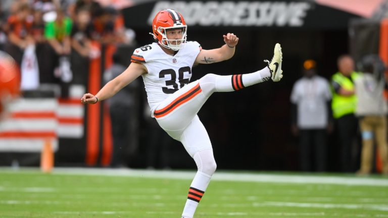 Cleveland Browns place kicker Cade York (36) kicks off during an NFL preseason football game against the Green Bay Packers, Saturday, Aug. 10, 2024, in Cleveland. The Packers won 23-10. (David Richard/AP)