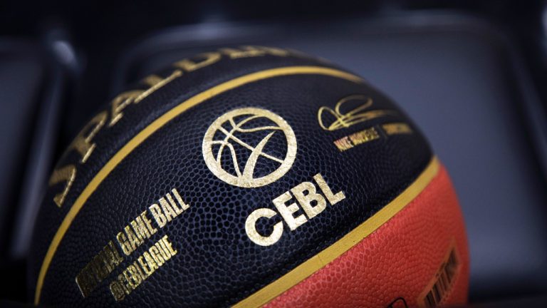 Official game ball of the Canadian Elite Basketball League sits courtside ahead of CEBL game action. (Nick Iwanyshyn/CP)