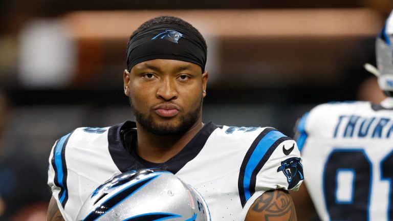 Carolina Panthers running back Tarik Cohen warms up before an NFL game against the New Orleans Saints, Dec. 10, 2023. (AP Photo/Tyler Kaufman)