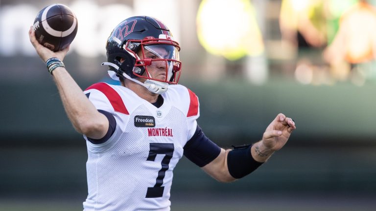 Montreal Alouettes quarterback Cody Fajardo (7) makes the throw against the Edmonton Elks during first half CFL action in Edmonton, Alta., on Friday June 14, 2024. THE CANADIAN PRESS/Jason Franson.