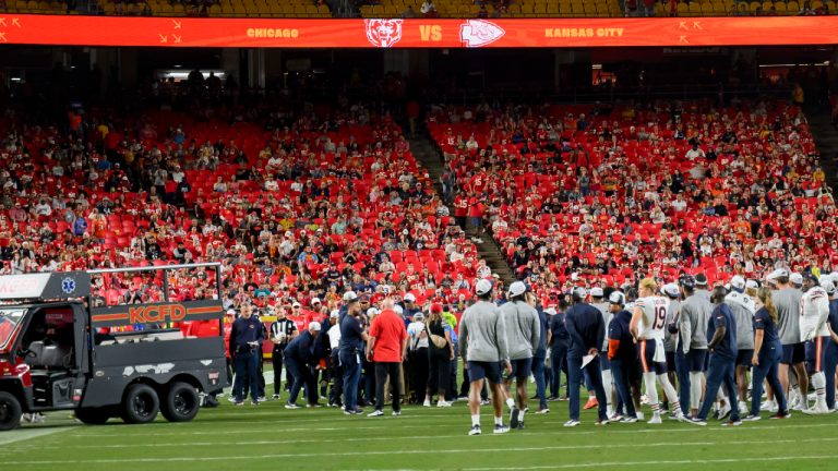 The Chicago Bears gather around teammate Douglas Coleman III as he is treated after being injured during the second half of a preseason NFL football game, Thursday, Aug. 22, 2024 in Kansas City, Mo. (Reed Hoffmann/AP)
