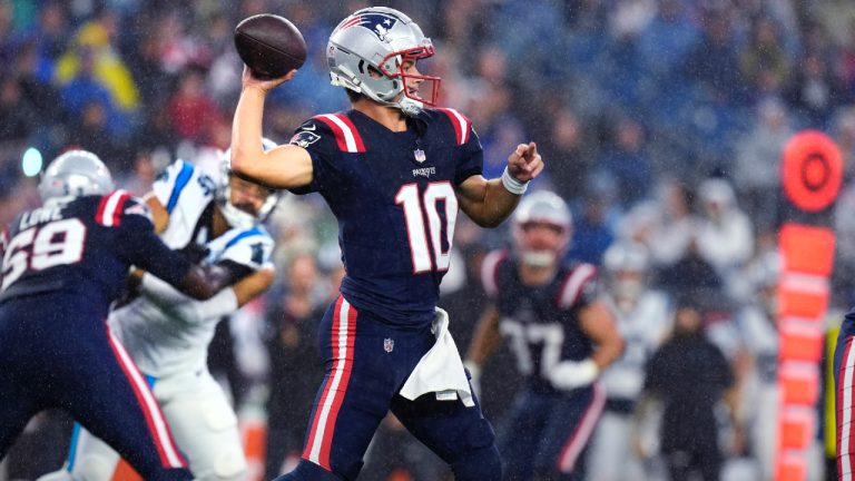 New England Patriots quarterback Drake Maye (10) throws a pass during the first half of a pre-season NFL football game against the Carolina Panthers, Thursday, Aug. 8, 2024, in Foxborough, Mass. (Michael Dwyer/AP)