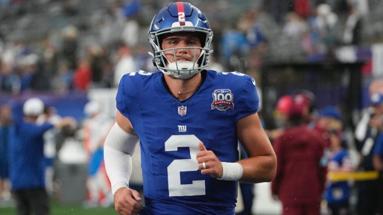 New York Giants quarterback Drew Lock (2) warms up before playing against the Detroit Lions in an NFL football game, Thursday, Aug. 8, 2024, in East Rutherford, N.J. (Pamela Smith/AP)