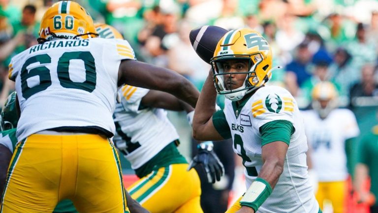 Edmonton Elks quarterback Tre Ford winds up to throw against the Saskatchewan Roughriders during the first half of CFL football action in Regina, on Saturday, Aug. 3, 2024. (Heywood Yu/CP Photo)