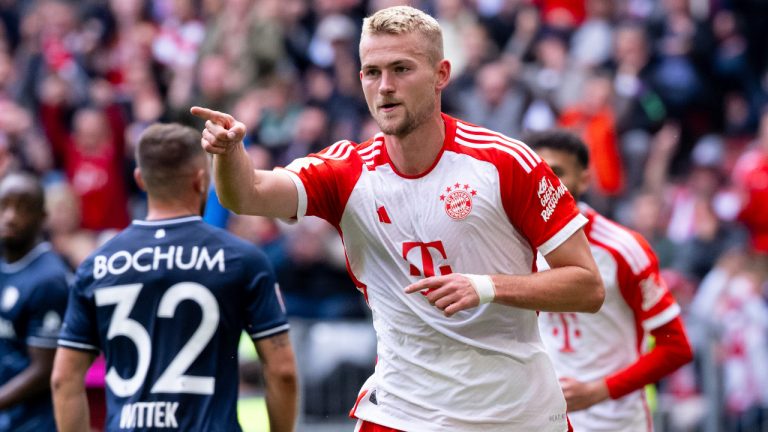 FILE - Bayern's Matthijs de Ligt celebrates scoring his side's third goal during the German Bundesliga match between Bayern Munich and VfL Bochum at the Allianz Arena inn Munich, Germany, Saturday, Sept. 23, 2023.. (Sven Hoppe/dpa via AP, File)