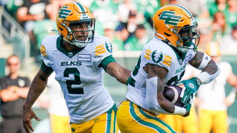 Edmonton Elks quarterback Tre Ford (2) hands off to running back Javon Leake (22) during the first half of CFL football action against the Saskatchewan Roughriders in Regina, on Saturday, August 3, 2024. THE CANADIAN PRESS/Heywood Yu