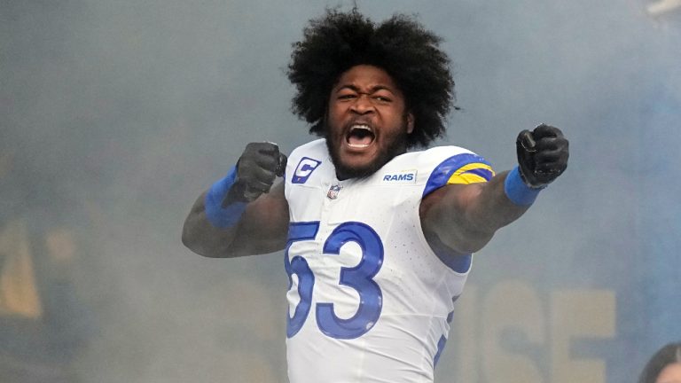 Los Angeles Rams linebacker Ernest Jones (53) runs out during player introductions before an NFL football game against the Cleveland Browns, Sunday, Dec. 3, 2023, in Inglewood, Calif. (Mark J. Terrill/AP)