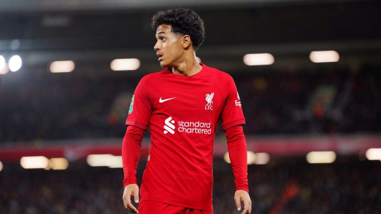 Fabio Carvalho of Liverpool waist for the ball during the English League Cup soccer match between Liverpool and Derby County, at Anfield Stadium, in Liverpool, England, Wednesday Nov. 9, 2022. (AP/Jon Super)