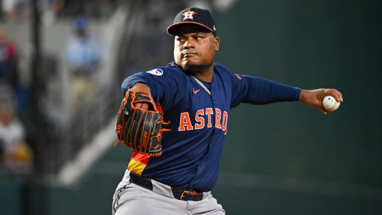 Houston Astros pitcher Framber Valdez pitches in the first inning of a baseball game against the Houston Astros, Tuesday, Aug 6, 2024, in Arlington, Texas. (AP/Albert Pena)