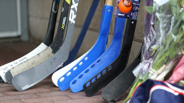 A memorial is set up by fans for Blue Jackets hockey player Johnny Gaudreau in Columbus, Ohio, Aug. 30, 2024. (AP/Joe Maiorana)